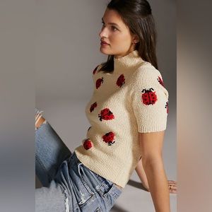 Anthropologie Maeve Puff Sleeve Seeater Tee Ladybug Knit Mockneck Cream Red